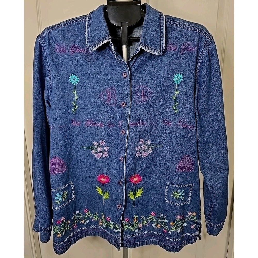 Erika Women's Large Blue Denim Button-Down Shirt Floral Embroidery Long Sleeve